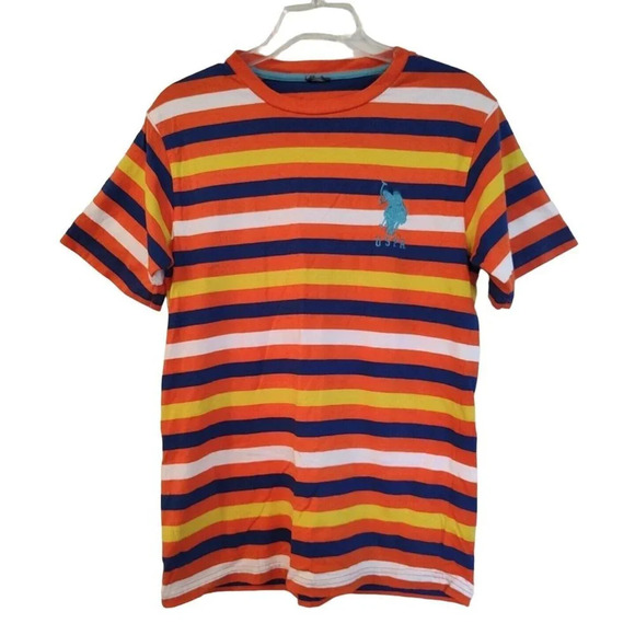 USPA T-Shirt Men Size S Orange Colorful Striped Embroidered Logo Short Sleeve - Picture 1 of 6